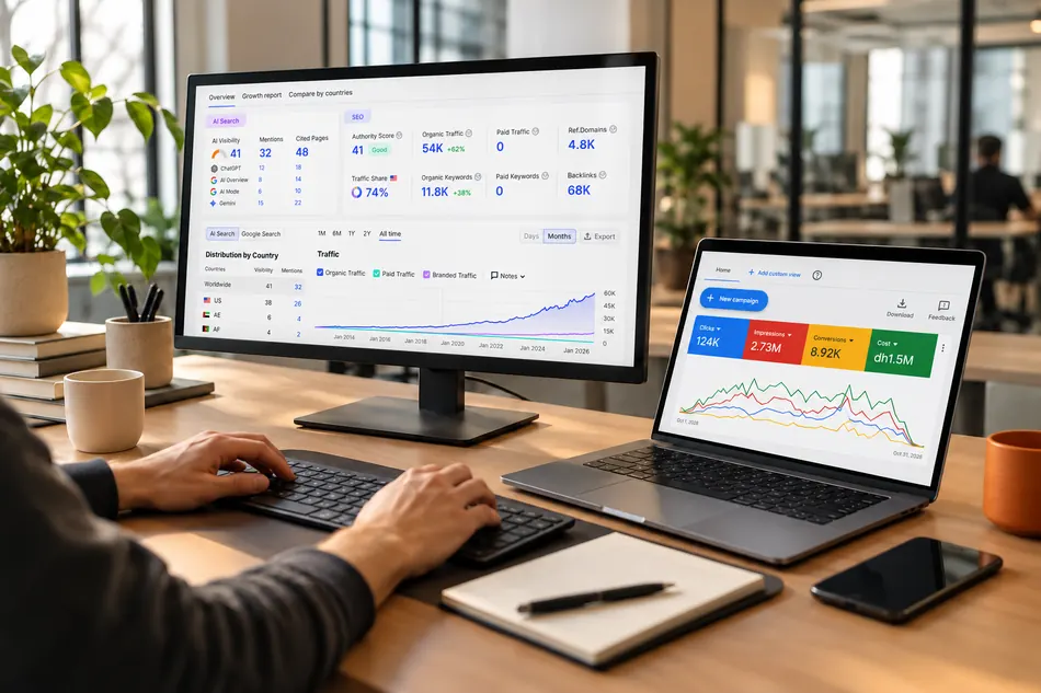 Illustrative web development workstation in a contemporary office