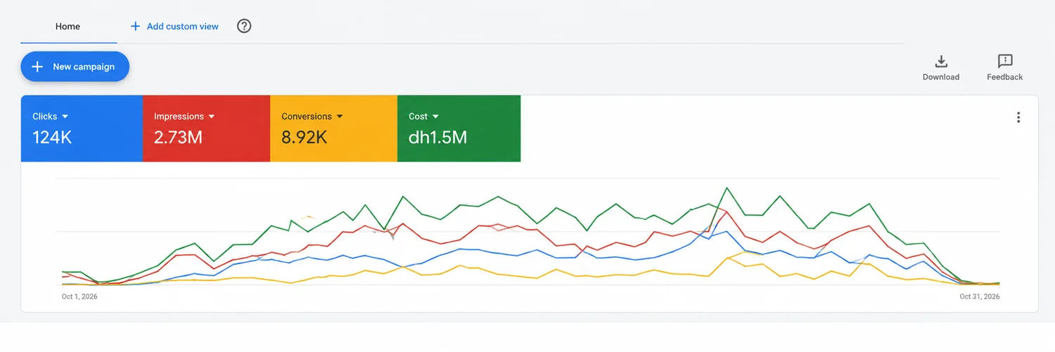 Movers and packers Google Ads dashboard: 124K clicks, 2.73M impressions and 8.92K conversions